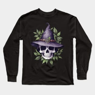 Wildcraft Witchery | Witch Skull | Witch Hat | Darkly Enchanting Skull and Herb | Earthy Skull with Leaves Long Sleeve T-Shirt